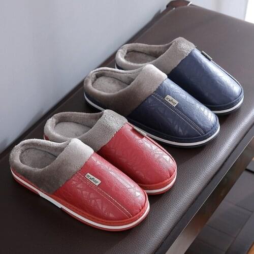 2021 Winter New PU Warm Cotton Slippers Women Men Home Shoes Simple Non-slip Indoor Slides Corduroy Couple Slipper Female Shoes
