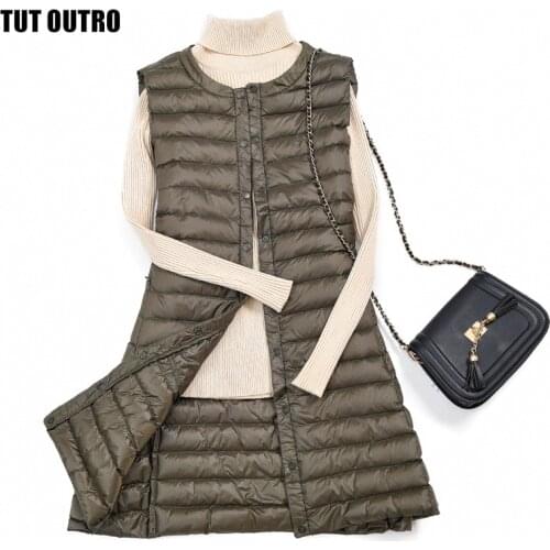 Womens Ultra Light Duck Down Vest Long Jacket Women 90% White Duck Down Vest Autumn Autumn Round Collar Sleeveless Coat