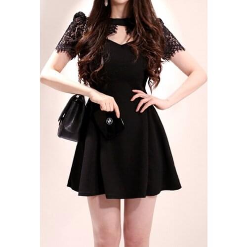 S-XL Big Size Black Lace Patchwork A Line Dress Women Short Sleeve Backless Mini Sexy Dress Ladies Corset Black Pleated Dress