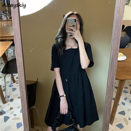Dress Women Loose Student Leisure Ulzzang Solid Sweet Cute All-match Mujer Minimalist Friends Retro Trendy Popular Ins Summer