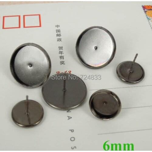 10pcs Gunmetal Black Color Stud Earring Base 6mm Resin Cameo Cabochon Bezel Settings DIY Post Pin Earrings Findings