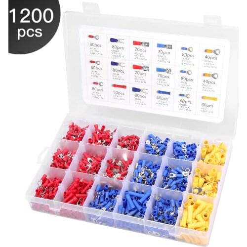 1200Pcs Assorted Insulated Spade Crimp Terminal Butt Electrical Wire Cold-Pressure Terminal Set Red Blue Yellow with Box