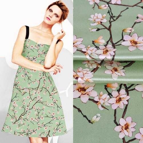 140CM Wide 40MM White Floral Print Light Green Silk Wool Fabric for Autumn Spring and Autumn Dress Coat Jacket Pants JH127