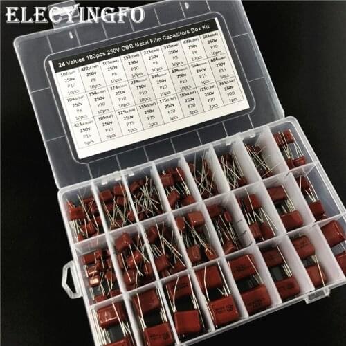 24 values 180pcs 250V 1nF to 3.3uF (102~335) 10nF 47nF 100nF 0.1uF 0.47uF 1uF 1.5uF CBB metal film capacitors Assortment Kit Box