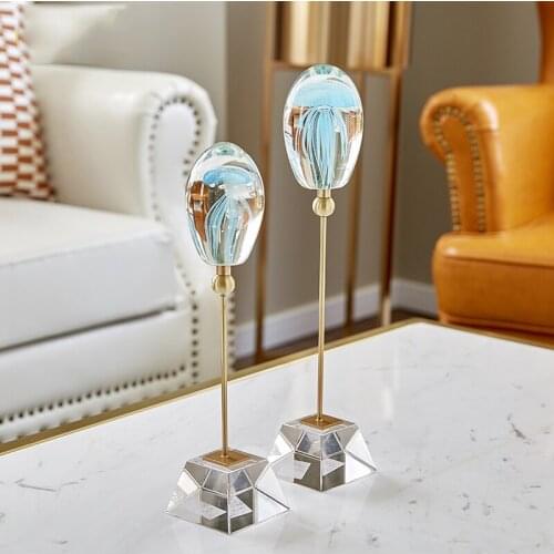 Home Decoration Accessories Blue jellyfish Crystal Glass Sculpture Decoration Figurine Living Room Ornament Office Metal Gift