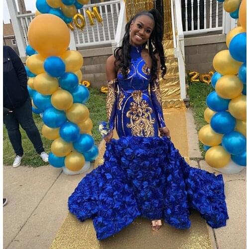 Royal Blue Long Prom Dress 2020 African Black Girl Gold Sequin 3D Flowers Halter Long Sleeve Mermaid Prom Dresses