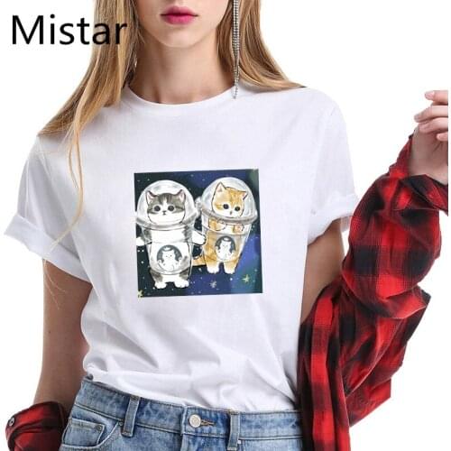 Harajuku T-shirt Womens Printed Cartoon Astronaut Cat Tshirt Clothing Woman Kawaii Femme Graphic Tees Women Drop Shipping