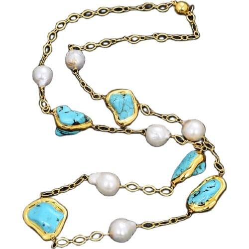 GG Jewelry 32" White Keshi Pearl Blue Turquoises Yellow Gold Color Plated Long Necklace