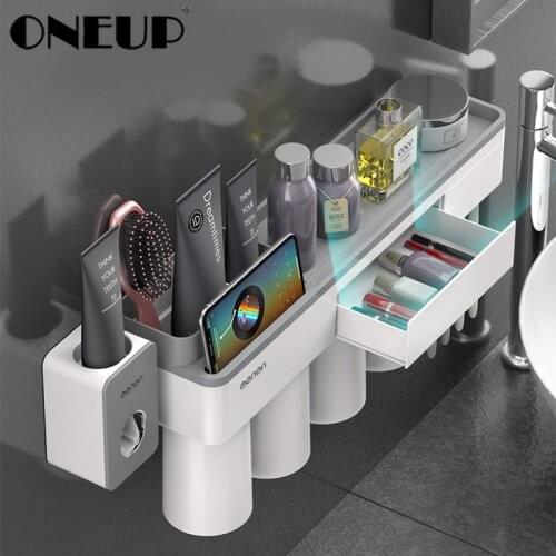 ONEUP Magnetic Adsorption Toothbrush Holder Case With 4 Cups Home Storage Rack For Bathroom Wall-mounted Bathroom Accessories