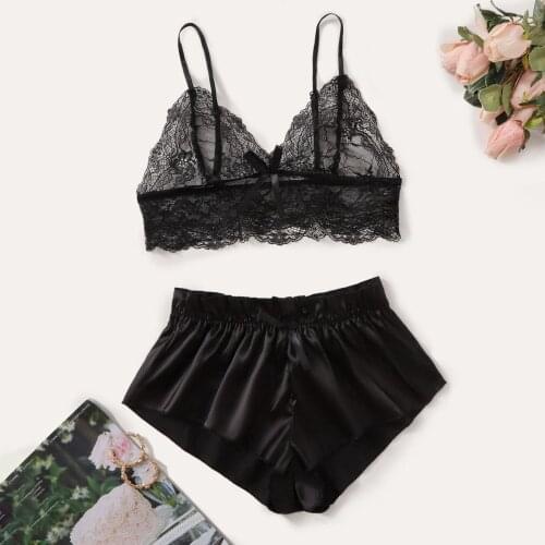 2021 Newest Pajamas Set Lace V Neck Summer Underwear Sleeveless Bowknot Shorts Sleepwear for Women Homewear Pizama Damska