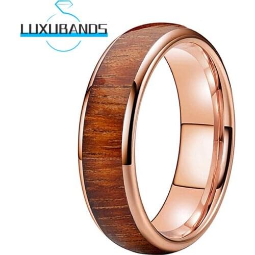 6MM Rose Gold Men Women Tungsten Wedding Bands Koa Wood Inlay Engagement Rings Polished Finished Comfort Fit