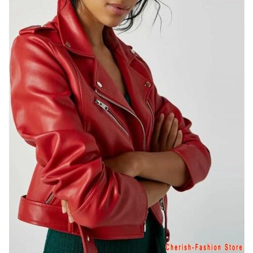 Autumn Women Faux Soft Leather Jacket Pu Motorcycle Zipper Rivet Coat Turndown Collar Black Red Brand Biker Leather Outwear