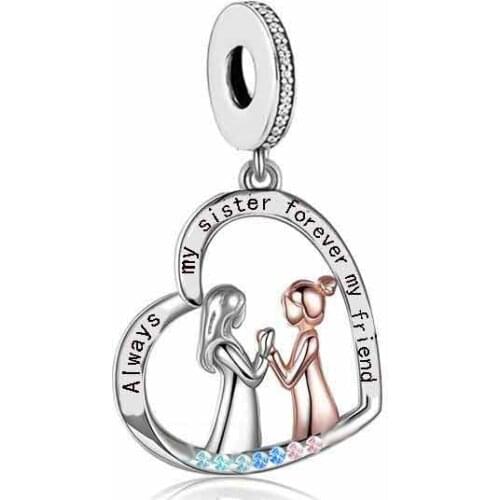 925 Sterling Silver Always My Sister Forever My Friends Heart Dangle Charms Beads Fit Original Pandora Bracelet Necklace Jewelry