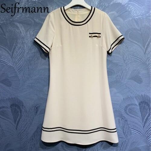 Seifrmann New 2021 Summer Women Fashion Designer Party Mini Dress Short Sleeve Elegant Solid Color Printed Ladies A-Line Dresses