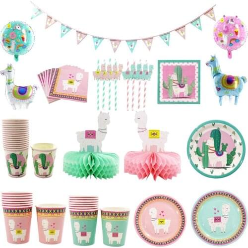 Alpaca tableware Birthday Party Decor Llama Paper Plates Cups Napkins Cake Topper for Kids Happy Birthday Party Decor Supplies