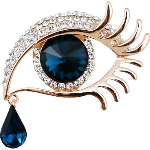 High Quality Full Crystals Long Eyelashes With Suspended Teardrop Brooch Gold Tone Sute Eye Shaped Brooches Pins