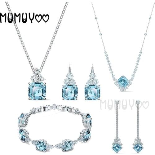 SWA High Quality Fashion Jewelry Charm Blue Square Exquisite Blue Square Crystal Female Romantic Jewelry Gift Necklace For Women