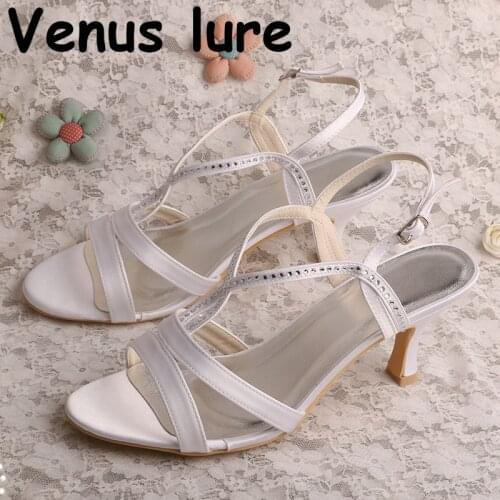 Customized Women Shoes White Sandals Medium Heel with Crystals