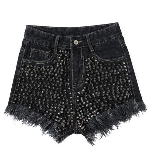 Wholesale tassel stitching full rivet beading wide leg denim shorts female high waist punk street style hot shorts wq1624
