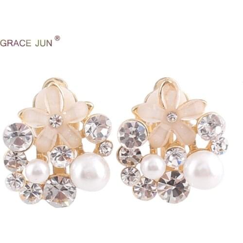Top Quality Rhinestone Opal Flower Simulated Pearl Water Drop Shape Clip on Earrings No Pierced for Women Fashion Bride Ear Clip