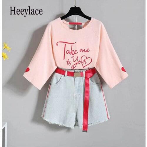 Plus size women korean two piece set Summer half sleeve t-shirt and denim shorts set for women outfits with belt femme clothing