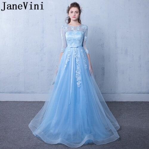 JaneVini Beautiful Half Sleeves Long Bridesmaid Dresses 2018 Blue Lace Tulle Formal Dress Ladies Wedding Party Gowns Robe Mariee