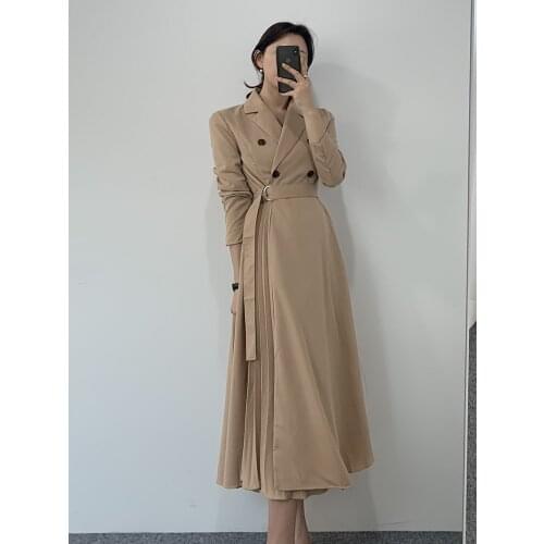 Women Autumn Elegant Slim Temperament Shirt Pleated Lace Up Dress Full Sleeve Office Lady Clothing A-Line Vestidos