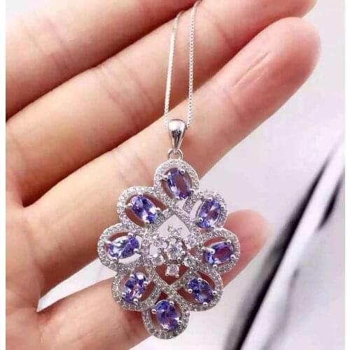 Natural blue tanzanite pendant S925 silver Natural gemstone Pendant Necklace trendy elegant Circle Flowers women jewelry