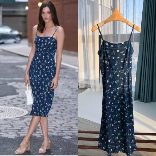 Women Dress 2021 New Summer Style Refreshing and Lovely Blue Jasmine Print Mid-length Halter Dress Ladies