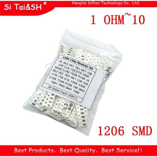 36Value * 20pcs =720pcs 1206 SMD Resistor Kit 1/4W 0.25W 5% 1 ohm~10 Mohm component diy kit new and original