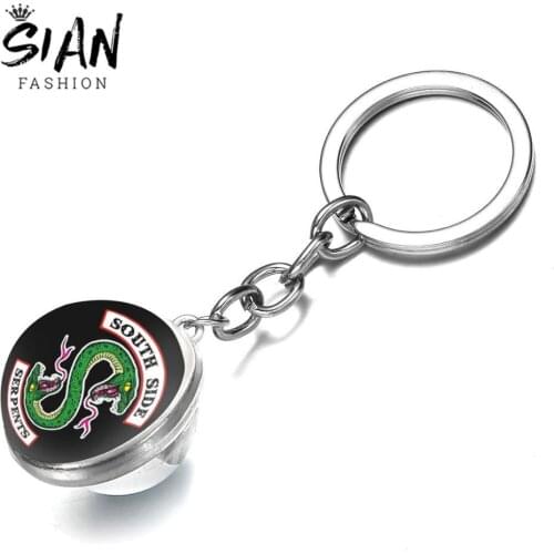 SIAN Fashion Riverdale South Side Serpents Keychain Double Sided Glass Pendant Key Chain Ring Holder Metal Keychain Gift Jewelry