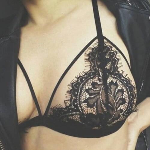 Sexy Women Lace Bras Floral Brassiere Sheer Hollow Out Triangle Strappy Bralette Bra Bustier Crop Unpadded Mesh Tops Black