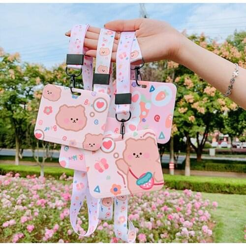 New Womens Card Holder Lanyard Cardholder Badge ID Holders Girls Cute Bear Certification Bank Photocard Name Card Cover Female