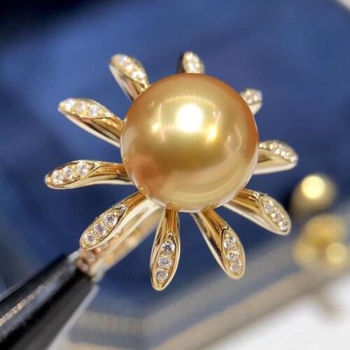 D513 Pearl Ring Fine Jewelry Solid 18K Gold Round 12-13mm Nature Sea Water Golden Pearls Rings for Women Fine Presents