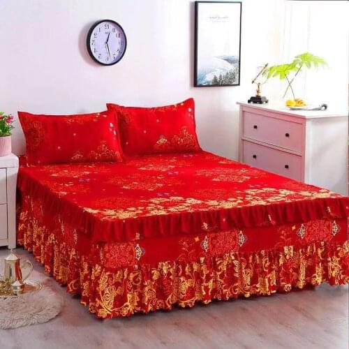 Full / queen / king Chinese wedding classic bed linen cotton Oriental bride wedding bed linen 2019 new bed skirt