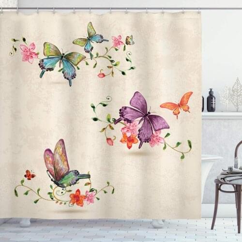 Cream Pink Butterfly Shower Curtain Butterfly Pattern on Vintage Style Background Wings Moth Transformation Bathroom Curtain