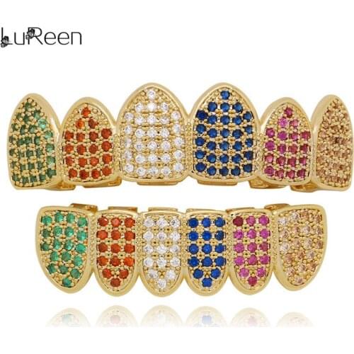 LuReen Luxury Men Gold Teeth Grillz Colorful Micro Pave Cz Grills Dental Top Bottom Iced Out Teeth Caps Mouth Tooth Jewelry