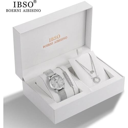 IBSO Womens Quartz Watch Set Crystal Bracelet Necklace Watch Sets Female Jewelry Set Silver Set Watch Valentines Day Gift