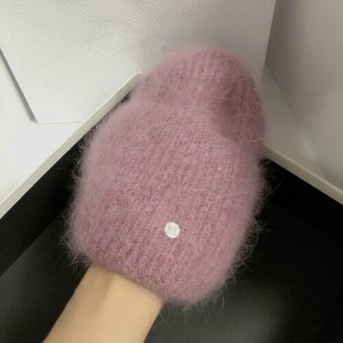 Autumn Winter Women Rabbit Fur Letter Beanies Hat Lady Girls Outdoor Fashion Solid Color Knitted Hat Warm Soft Bonnet Skullies