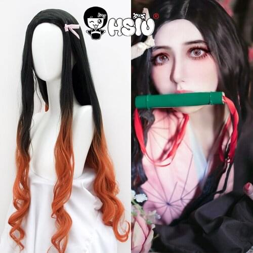 Kamado Nezuko cosplay wig Demon Slayer Kimetsu no Yaiba cosplay HSIU Black and orange gradient long curly hair+Free wig cap