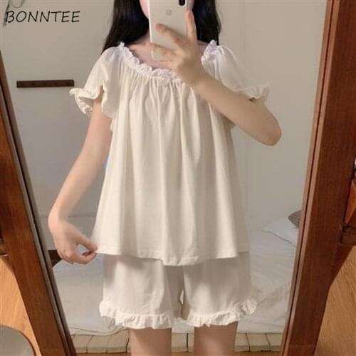 Pajama Sets Women Casual Pure Color Ruffles All-match Feminine Summer Students Cozy Sweet Sudaderas Para Sleepwear O-neck Mujer