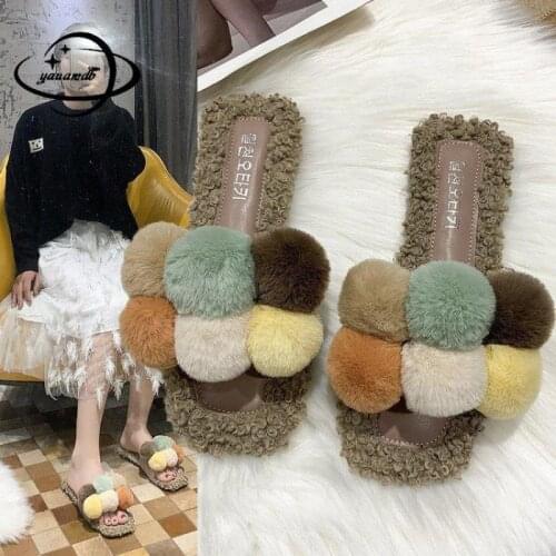 36-40 Womens Slippers Summer Female Slippers Flat With Outside Mixed Colors Plush Hairball Soft Comfortable Ladies Shoes K28