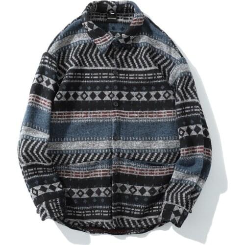 Geometric Woolen Shirt Men Long Sleeve 2019 Spring Tribe Mens Shirt Streetwear Clothing