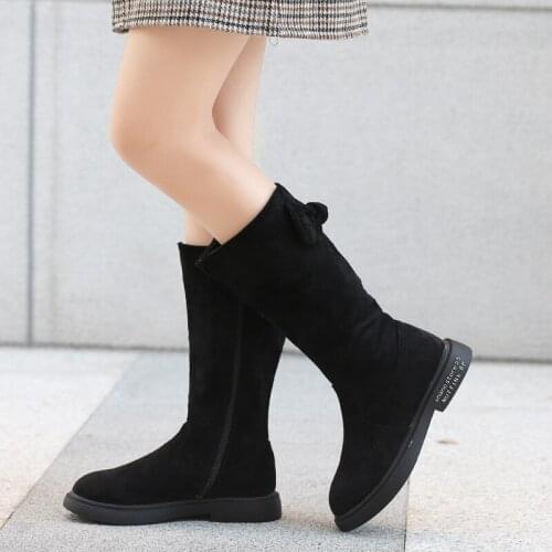 New Kids Boots For Girls Winter Mid-calf Warm Little Girls Shoes Bowknot Side Zipper Fur Suede Toddler Childrens Princess Boots