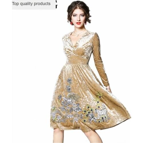 Spring Autumn Dress Female Dress Dresses Mujer 2020 Elegant Velvet Party Dresses for Women Retro Embroidery Dress Robe Femme