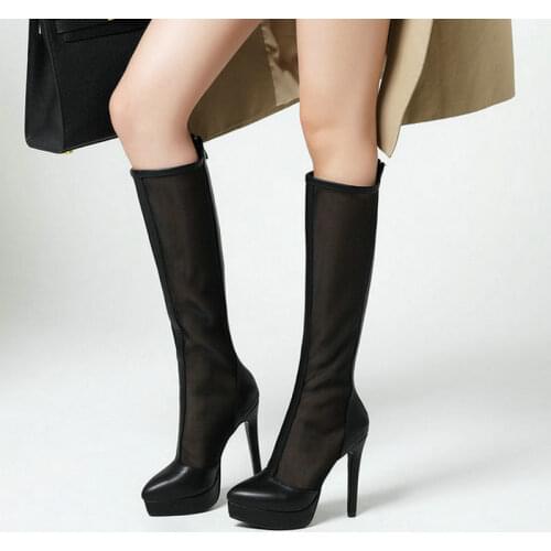 Summer Platform Thin High Heel Women Knee High Boots PU Leather Mesh Women Long Boots Mesh Back Zipper Womens Shoes 2021