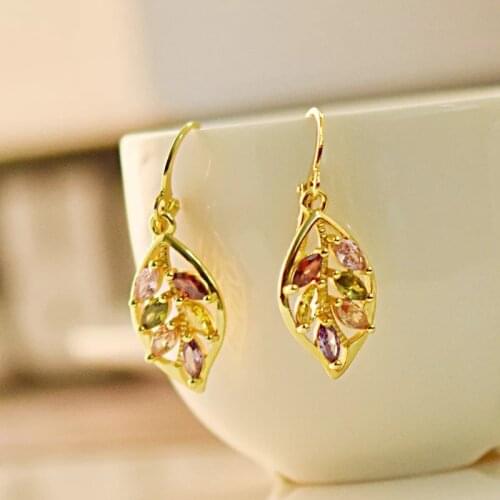 Charm Fashion Gold Color AAA+ Cubic Zirconia Multicolor CZ Cute Leaves Stud Earrings for Women