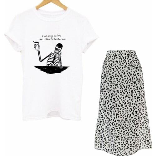 Women Two Pcs Set Gothic Harajuku Retro Skull Print T Shirts Skirt Set 2021 Summer Sexy Leopard Skirt Outfit Female Y2k Elegant