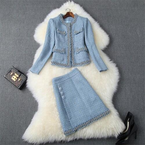 Top Brand Fashion Runway Suit Women 2020 Autumn Winter Luxury Pearls Beading Tweed Woolen Jacket and Skirt 2 Piece Set