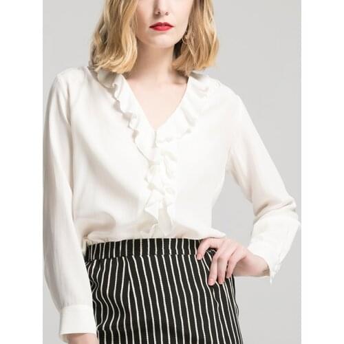 Women Real Silk V-neck Shirts Top 100% Mulberry Silk Bow Long Sleeve Ruffles Blouse M L XL Free Shipping